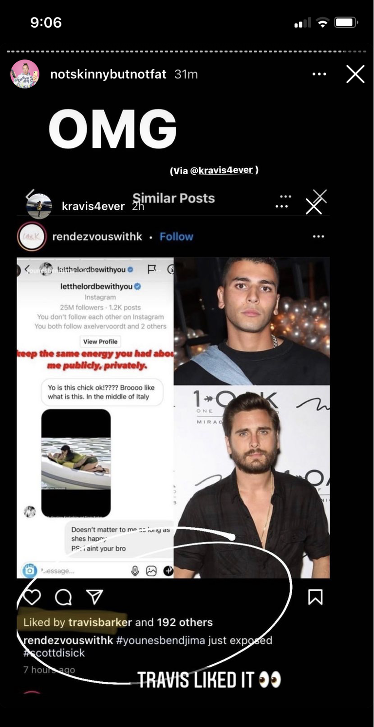 Travis Barker curtiu post sobre suposto vazamento de conversa entre Scott Disick e Younes Bendjima (Foto: Reprodução / Instagram)