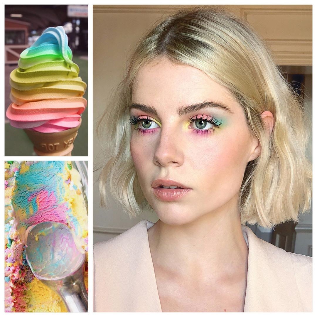 Lucy Boynton usa maquiagem colorida, em tons de rosa, azul e amarelo ao redor dos olhos, com pele iluminada (Foto: reprodução Instagram )
