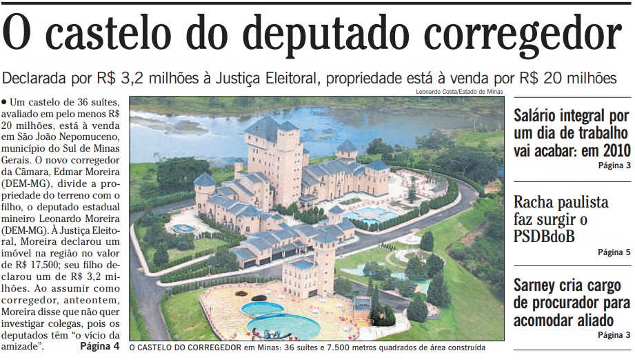 Manchete da capara do jornal O Globo sobre o deputado Edmar Moreira e o castelo, em fevereiro de 2009