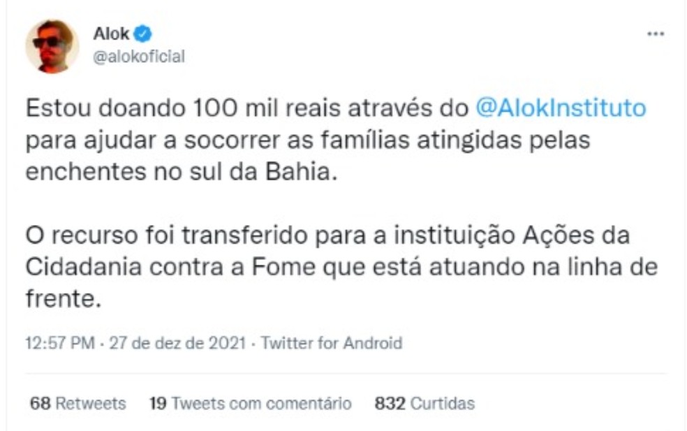 DJ Alok anuncia doação de R$ 100 mil para vítimas das chuvas na Bahia — Foto: Reprodução/Redes Sociais
