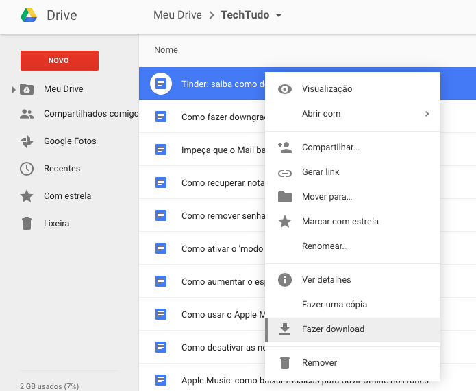 Baixando arquivo do Google Drive (Foto: Reprodução/Helito Bijora) 
