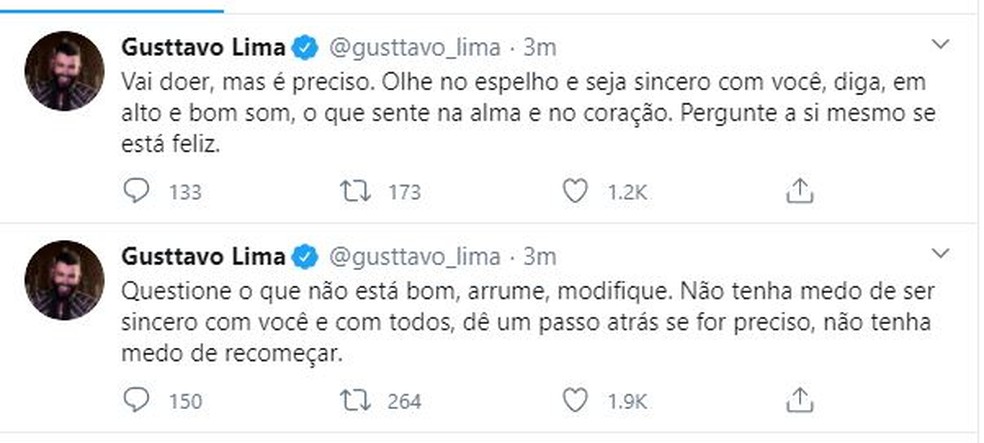 Gusttavo Lima se pronuncia em suas redes sobre o fim de seu casamento — Foto: Repordução/Twitter