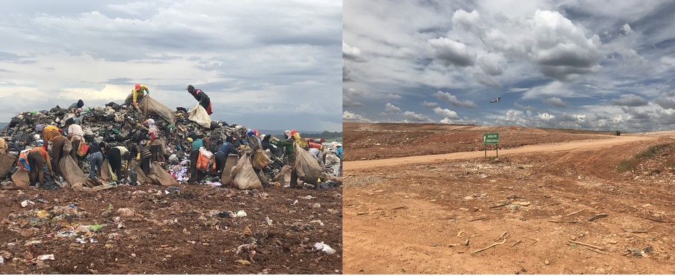 Lixão da Estrutural: foto à esquerda mostra catadores recolhendo recicláveis em novembro de 2017; à direita, depósito vazio, em janeiro deste ano — Foto: Marília Marques/G1