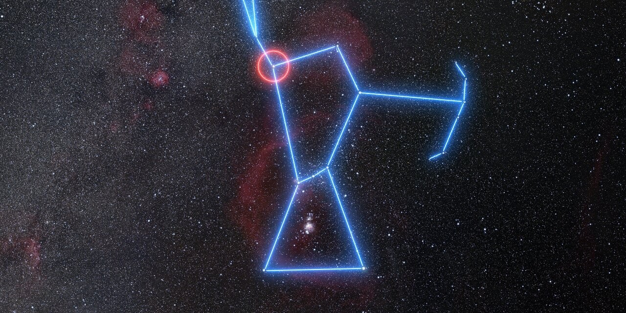 Imagem mostra a localização da estrela Betelgeuse na constelação de Orion (Foto: ESO/N. Risinger (skysurvey.org))