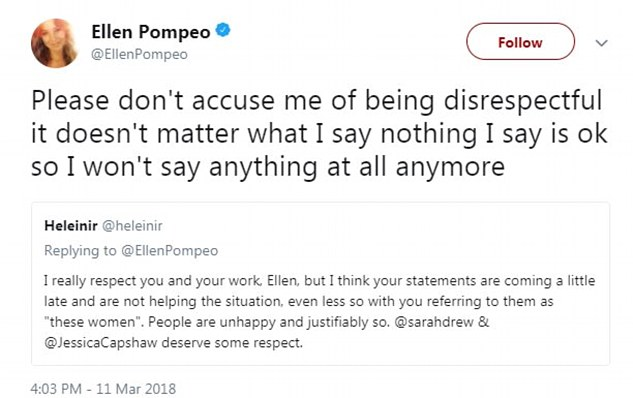 O tuíte no qual Ellen Pompeo ameaça abandonar as redes sociais (Foto: Twitter)