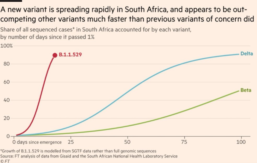 Gráfico de plataforma do jornal Financial Times ganhou destaque após países vetarem voos da África do Sul e a OMS declarar variante de preocupação. — Foto: Reprodução