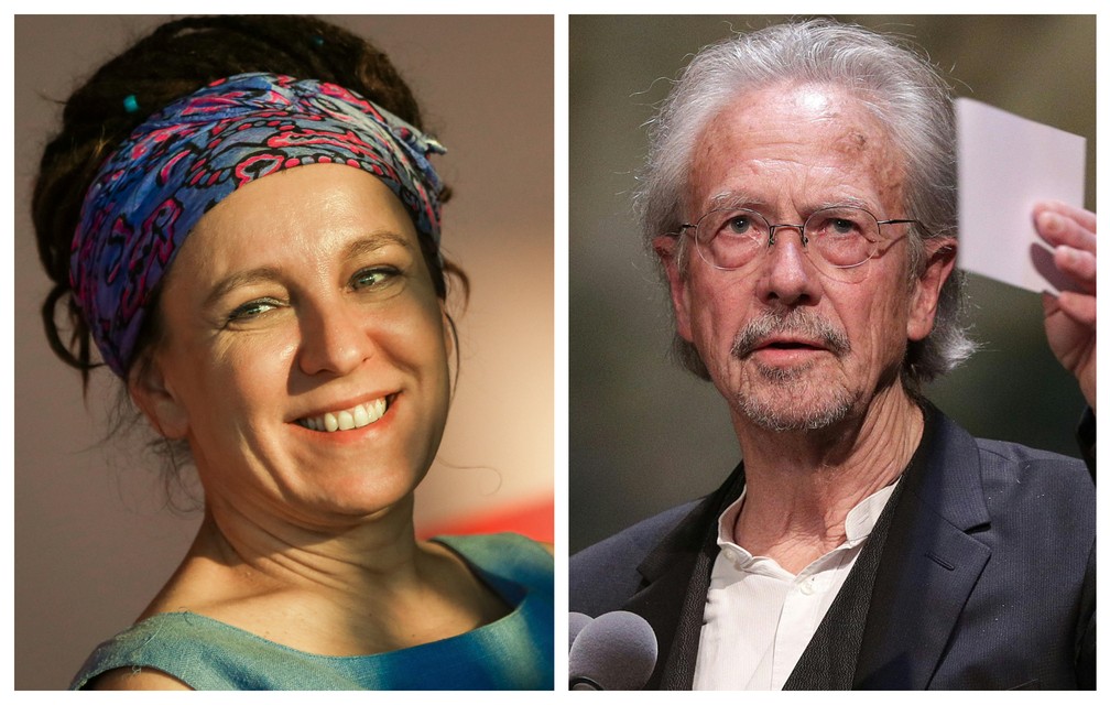Vencedores dos prêmios Nobel de Literatura de 2018 (Olga Tokarczuk) e 2019 (Peter Handke). — Foto: Beata Zawrel e Georg Hochmuth / AFP