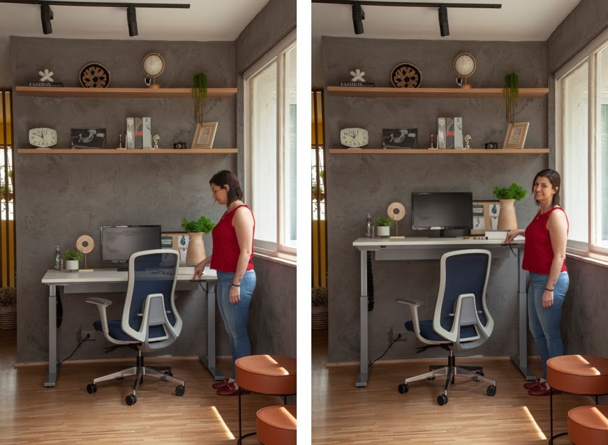 Standing desk ou mesa de trabalho regulável | Projeto de Bruno Moraes Arquitetura para a mostra Casa Saudável (Foto: Luis Gomes / Divulgação)