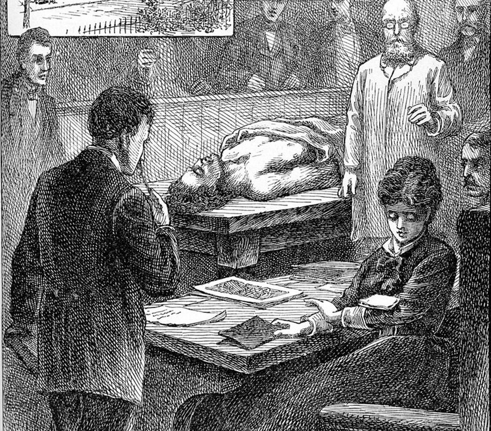 Ilustração de 1847 mostrando Blackwell no Geneva Medical College lendo uma nota "muito atrevida" que um aluno deixou cair em seu braço durante uma palestra na sala de cirurgia — Foto: Getty Images