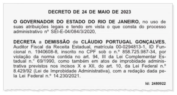 O governador Claudio Castro demitiu o auditor fiscal Cláudio Portugal Gonçalves — Foto: Reprodução do Diário Oficial do Estado