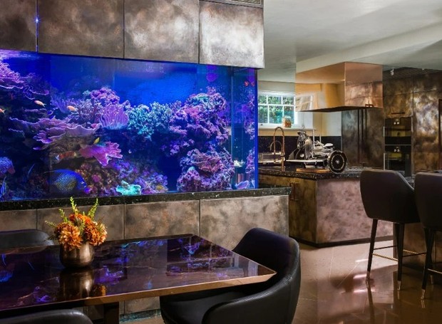 COZINHA | O aquário localizado na cozinha, além de ser um dos maiores (residenciais) do mundo, traz o tom do ambiente (Foto: Reprodução / Patrick Williamson)