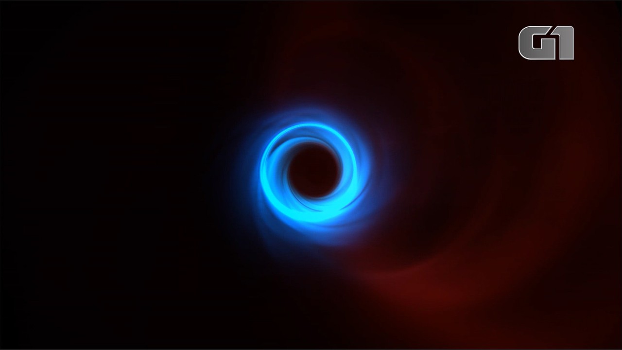 Animação de três cores mostra o resultado de uma simulação no buraco negro M87