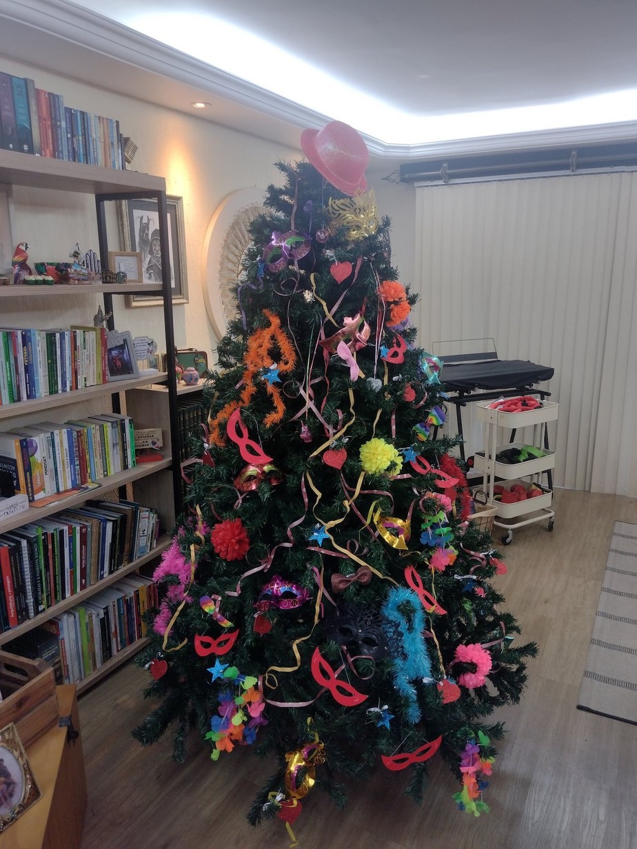 Mãe cria árvore de Natal carnavalesca e promete decorações variadas ao longo do ano