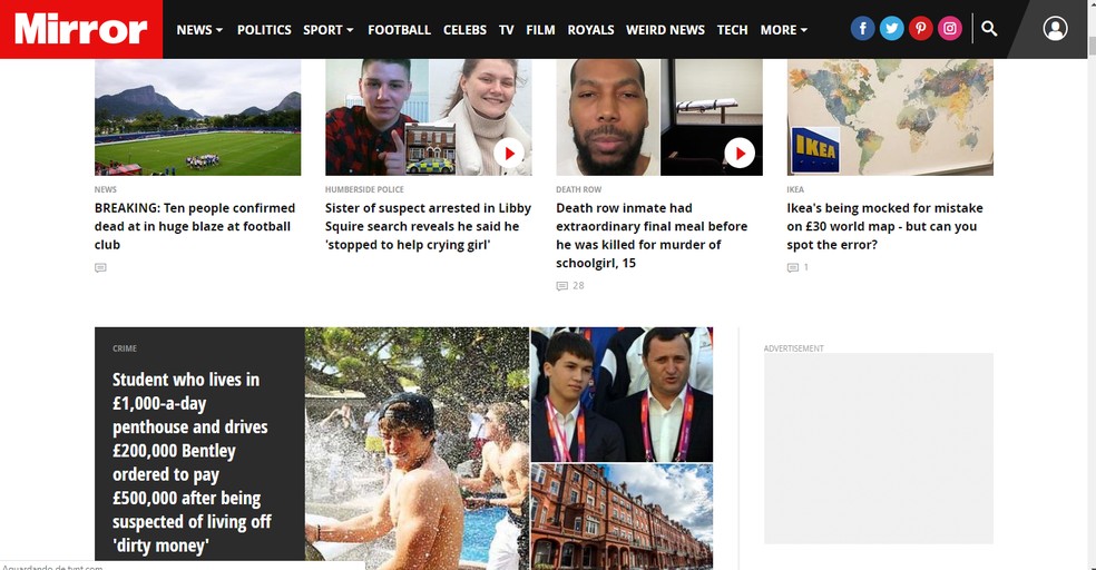 Flamengo &Atilde;&copy; destaque no "Daily Mirror", peri&Atilde;&sup3;dico brit&Atilde;&cent;nico, por inc&Atilde;&ordf;ndio em CT &acirc;?? Foto: Reprodu&Atilde;&sect;&Atilde;&pound;o