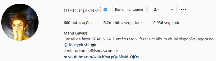 Manu Gavassi tem 15,2 milhões de seguidores (Foto: Reprodução/Instagram)