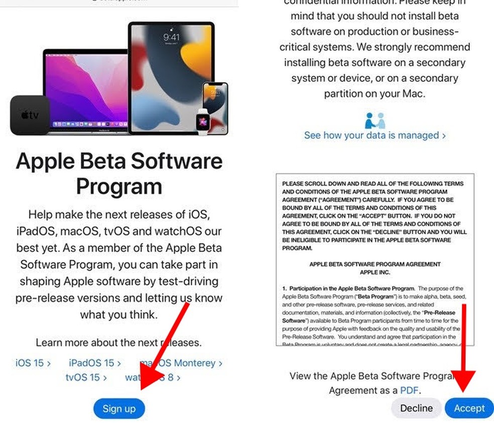  Entre para o programa de software beta da Apple para baixar o iOS 15 beta público — Foto: Reprodução/Letícia Conde