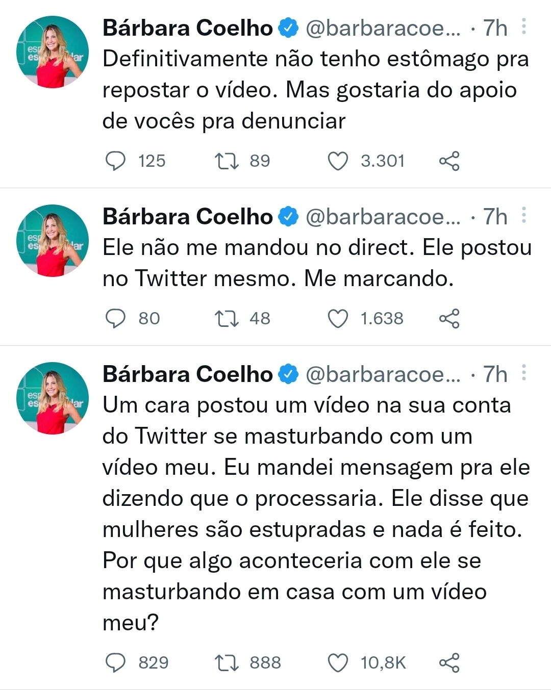 Bárbara Coelho pede ajuda para denunciar vídeo de homem que se masturbou com vídeo dela (Foto: Reprodução/Twitter)