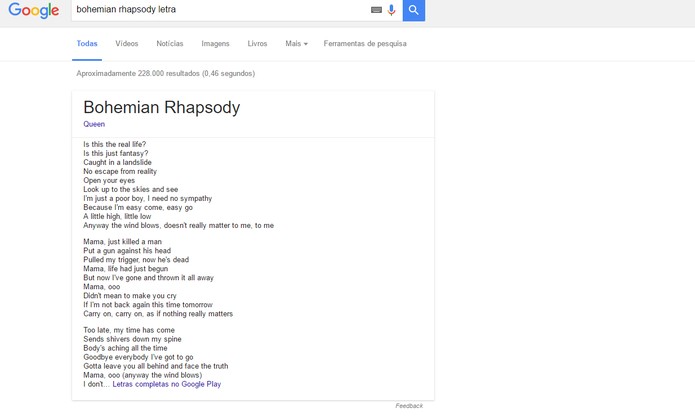 Google mostra letras de músicas diretamente na pesquisa (Foto: Reprodução/Barbara Mannara)