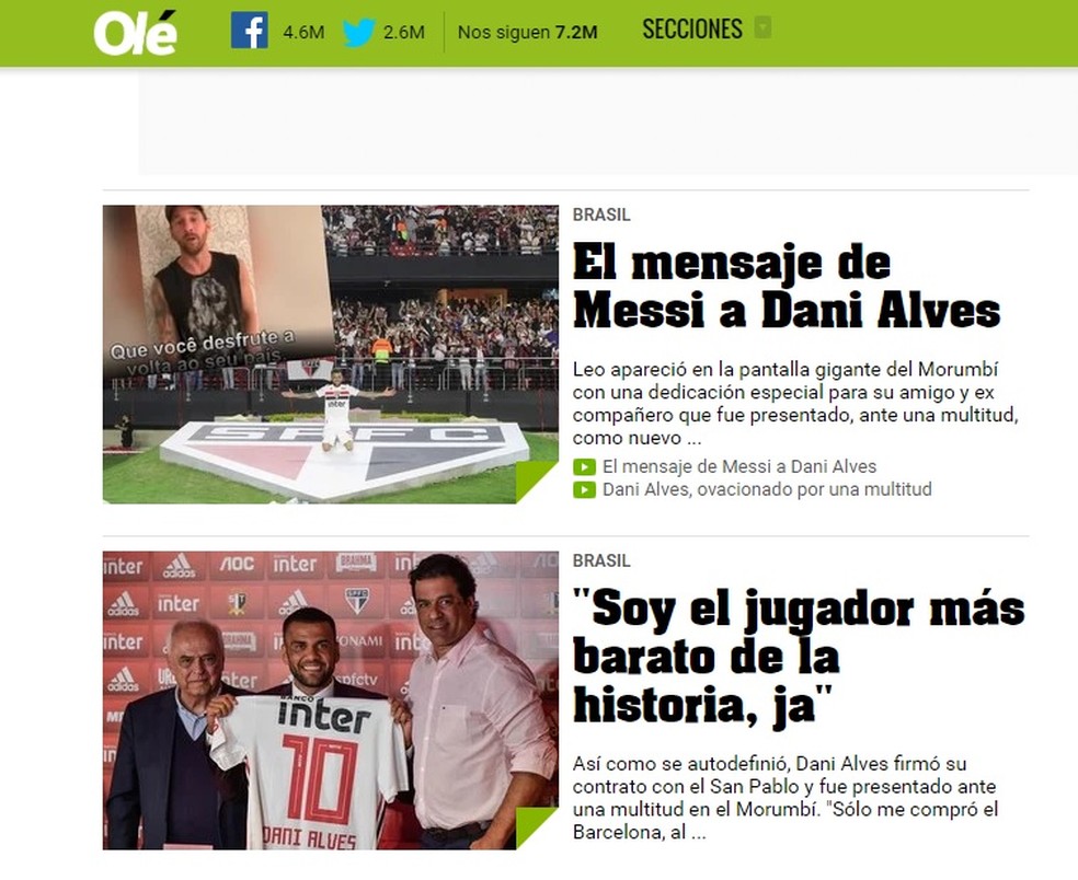 Daniel Alves em destaque no Diário Olé — Foto: Reprodução