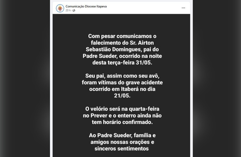 Morte em Itaberá foi comunicada pela Diocese de Itapeva — Foto: Facebook/Reprodução