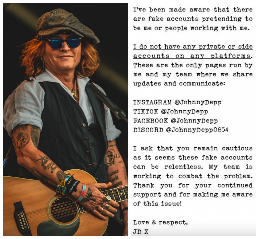 O alerta compartilhado pelo ator Johnny Depp nas redes sociais (Foto: Getty Images/Instagram)