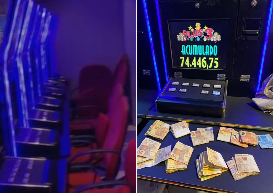 Máquinas caça-níqueis e dinheiro apreendido pela polícia em bingo na Tijuca