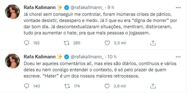 Rafa Kalimann desabafa sobre haters (Foto: Reprodução/Twitter)