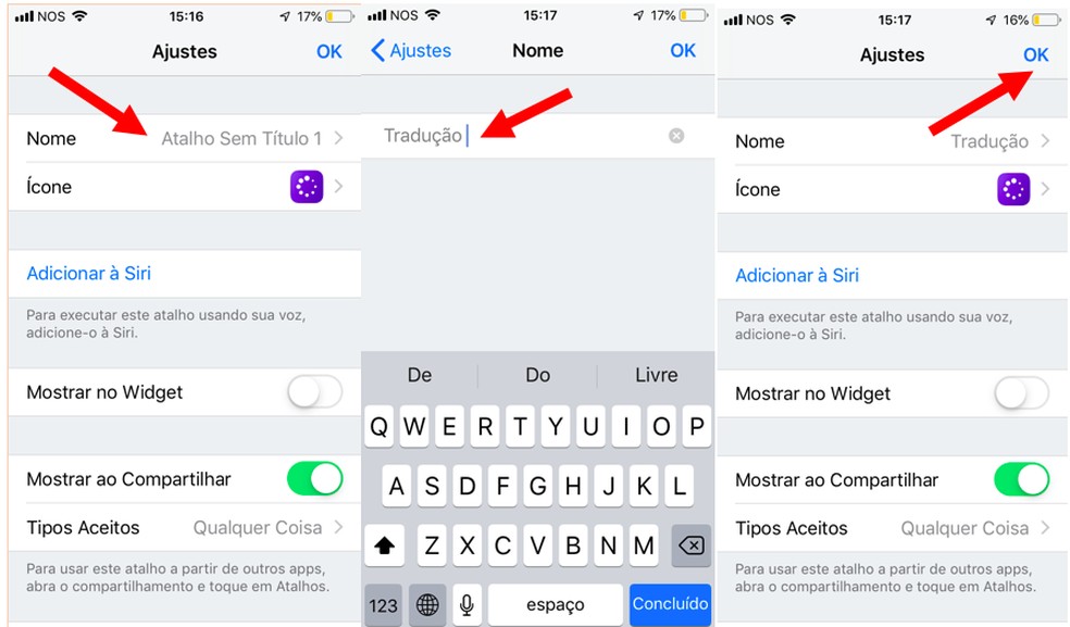 Escolha um nome para o seu novo atalho — Foto: Reprodução/Isabella Rocha  