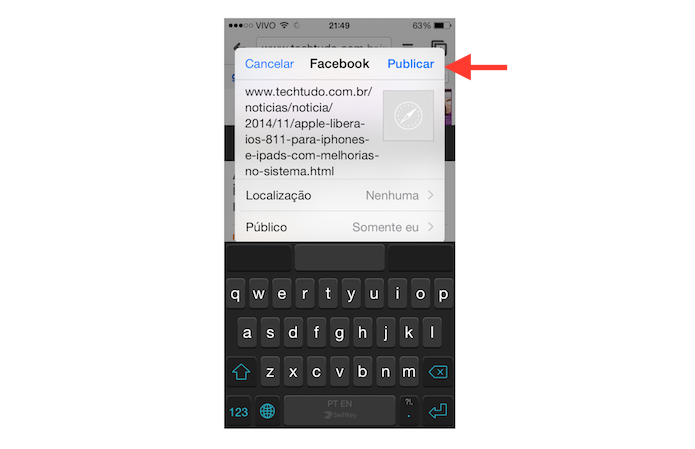 Compartilhando uma página visualizada no Google Chrome para iOS no Facebook (Foto: Reprodução/Marvin Costa)