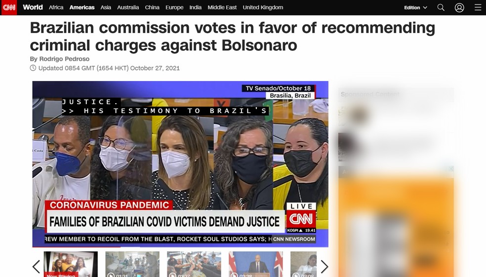 CPI da Covid: imprensa internacional destaca acusações contra Bolsonaro — Foto: Reprodução/CNN