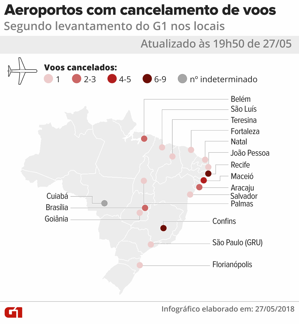 Aeroportos onde houve cancelamento de voos (Foto: Igor Estrella/G1)