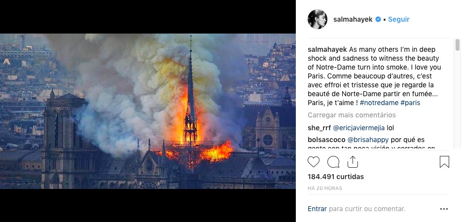 O post da atriz Salma Hayek lamentando o incêndio na Catedral de Notre Dame (Foto: Instagram)