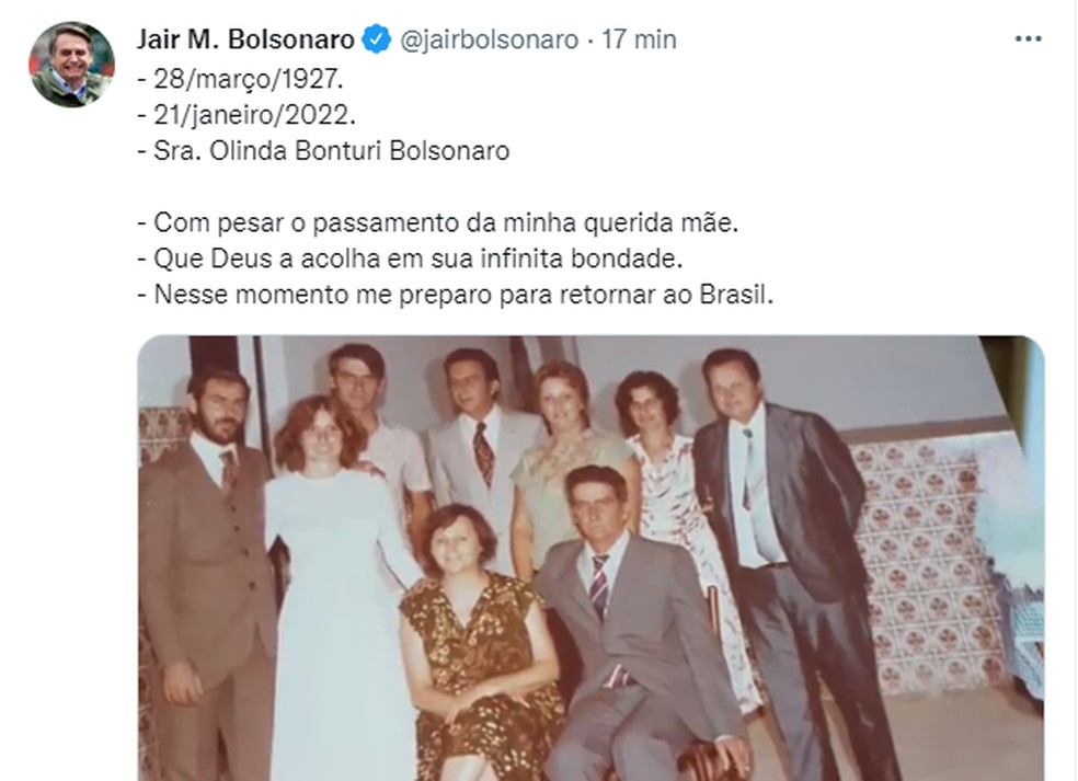 Bolsonato anuncia morte de sua mãe — Foto: Reprodução Twitter/Jair Bolsonaro