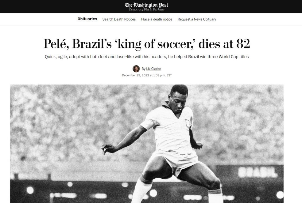 Jornal norte-americano The Washington Post repercute morte de Pelé — Foto: Reprodução
