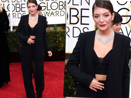 No Globo de Ouro, Lorde fugiu do óbvio e foi de calça e maxiblazer. Porém, investiu no top cropped para deixar um pouco de pele à mostra