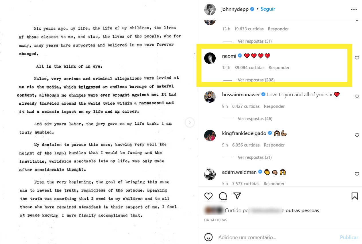A reação de Naomi Campbell ao pronunciamento de Johnny Depp (Foto: Reprodução / Instagram)
