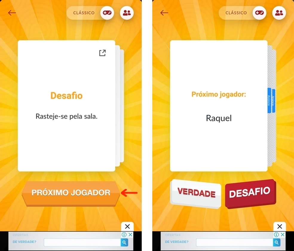 Desafio proposto no modo clássico do app Verdade ou Desafio — Foto: Reprodução/Raquel Freire