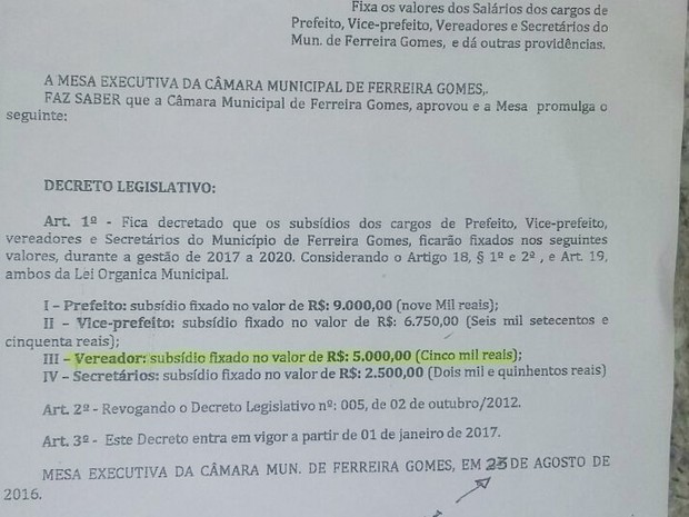 Decreto legislativo foi aprovado na Câmara de Ferreira Gomes (Foto: Reprodução)