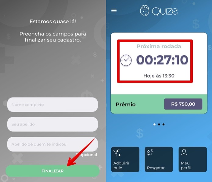 Entre com o seu nome completo e apelido de indicação no Quize — Foto: Reprodução/Helito Beggiora