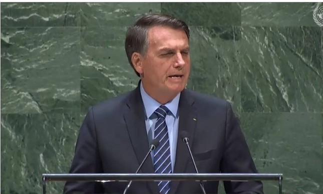O presidente Jair Bolsonaro em discurso na ONU