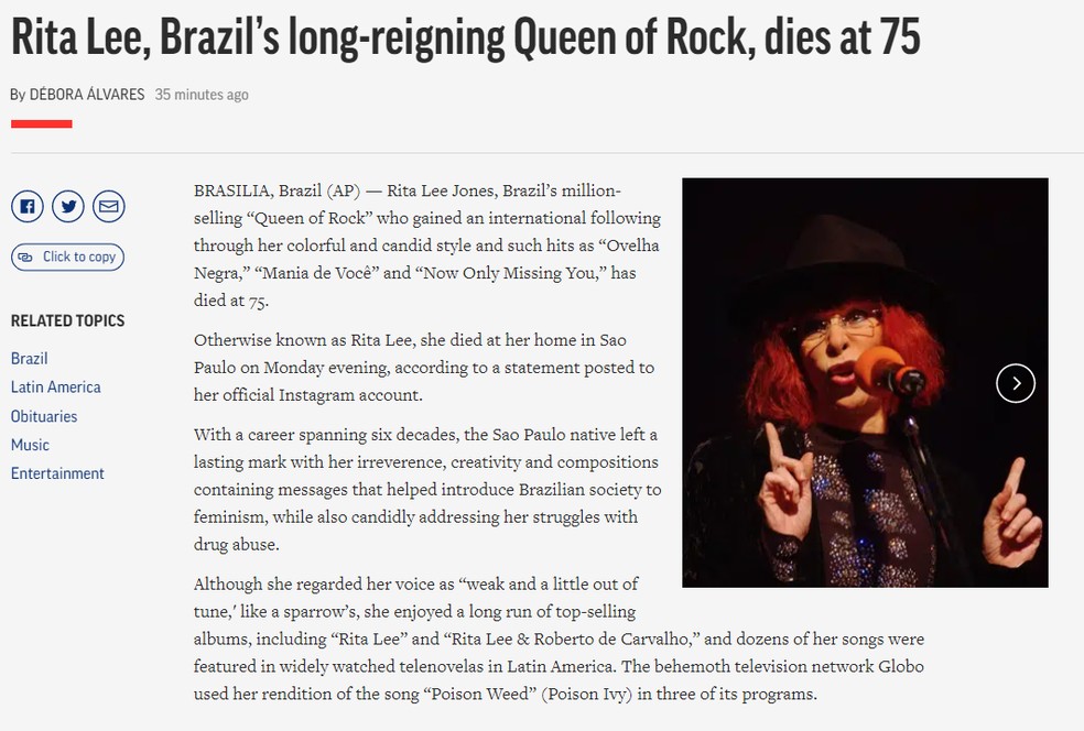 Agência de notícias AP reporta morte de Rita Lee — Foto: Reprodução/AP