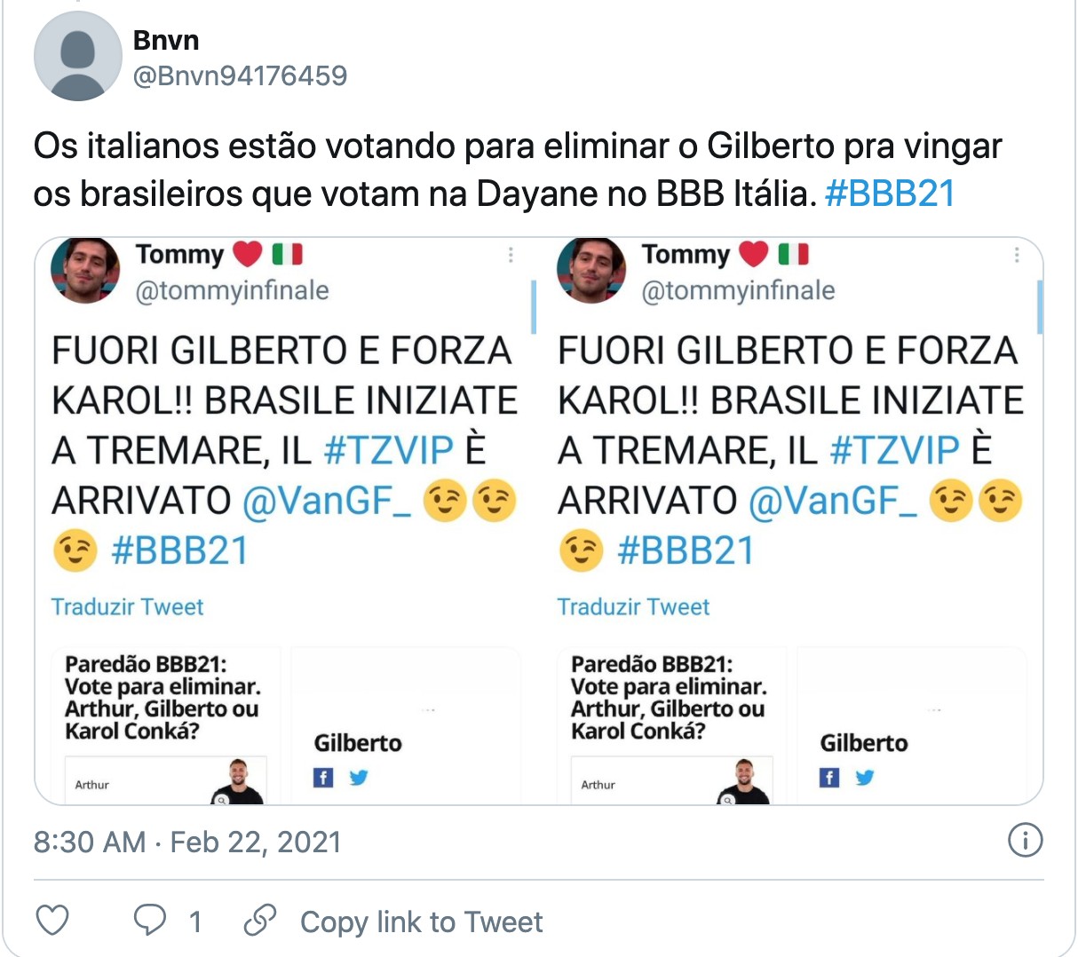 BBB21: Italianos votam em Gil por vingança contra o Brasil (Foto: Reprodução)