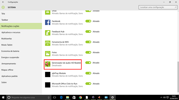Notificações do Realtek HD Audio podem ser personalizadas no Windows 10 (Foto: Reprodução/Elson de Souza)