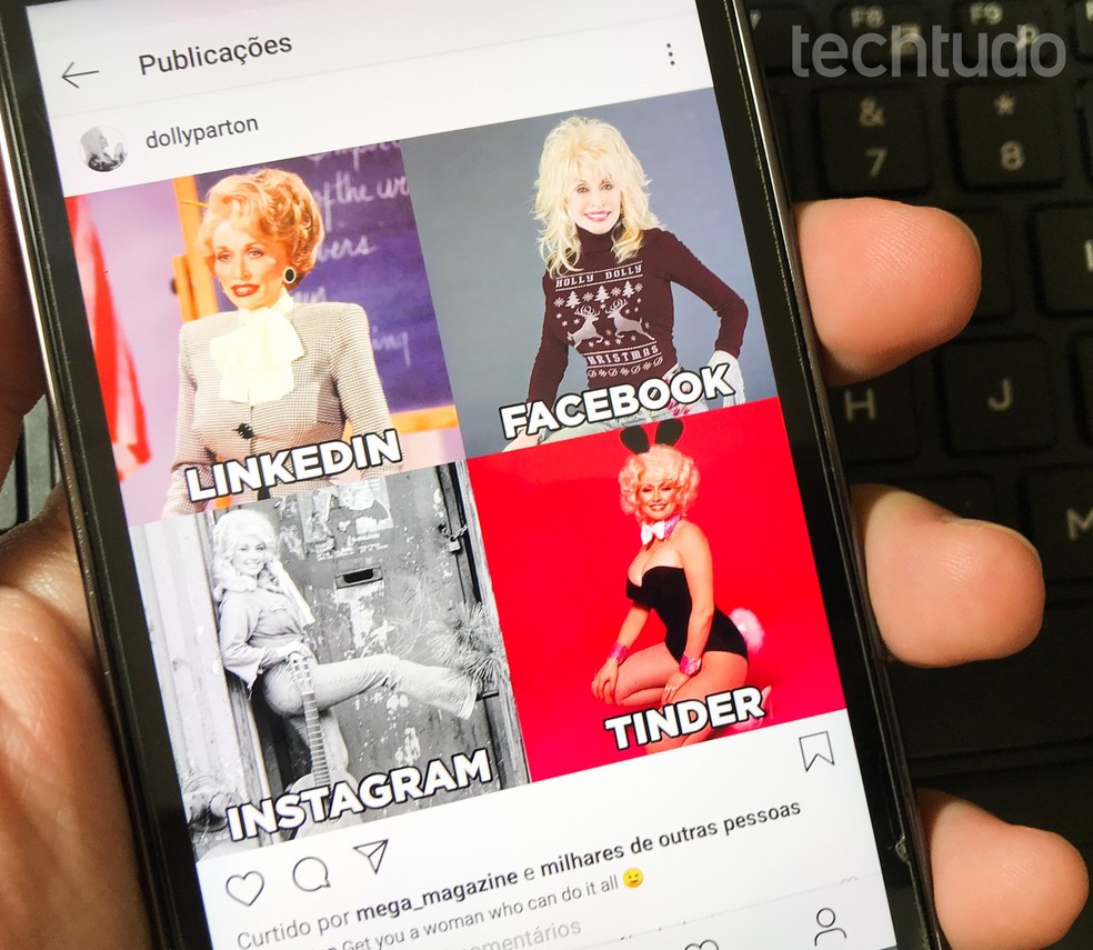 Meme que reúne fotos de LinkedIn, Facebook, Instagram e Tinder surgiu com post da cantora Dolly Parton — Foto: Rodrigo Fernandes/TechTudo