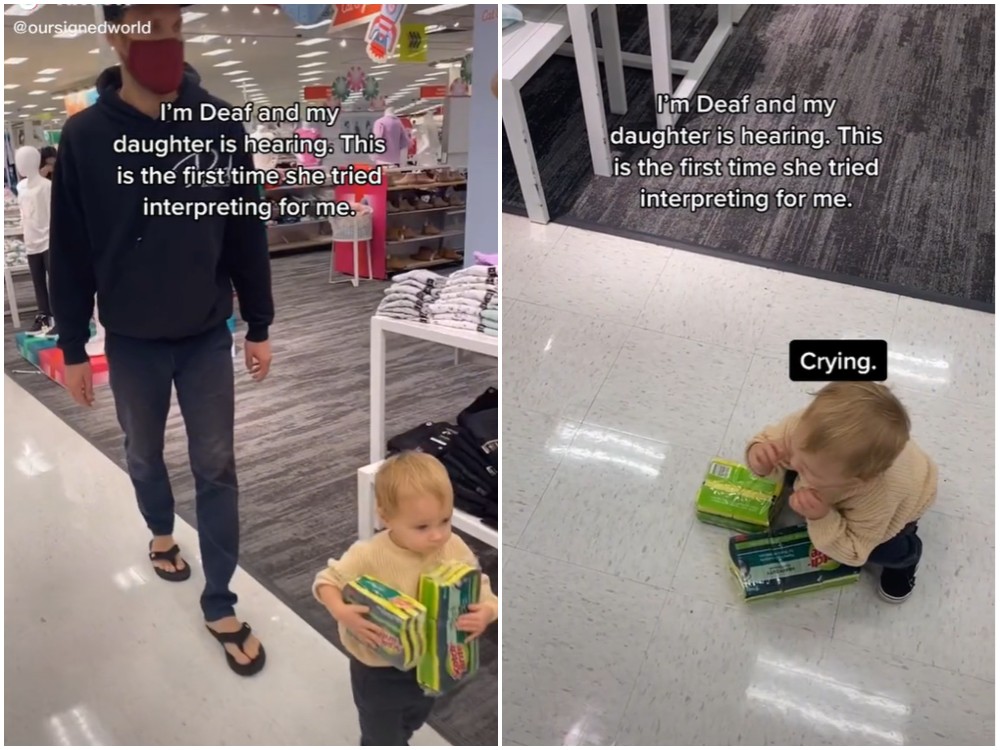 Madison fez questão de avisar o pai, através de linguagem de sinais, que havia um bebê chorando na loja (Foto: Reprodução Tik Tok)