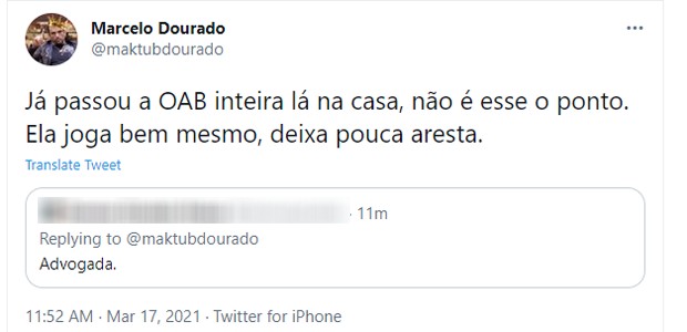 Comentários de Marcelo Dourado sobre o BBB21 (Foto: Reprodução/Twitter)