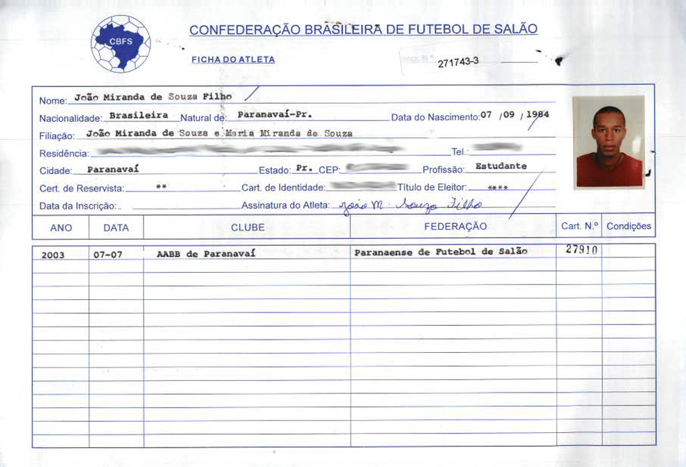 Ficha de inscrição de Miranda (Foto: Divulgação/CBFS)