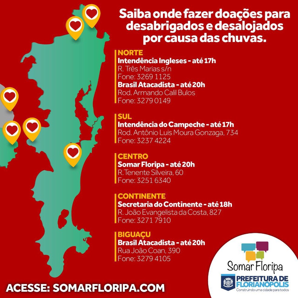 Locais de coleta de doações em Florianópolis (Foto: PMF/Divulgação)