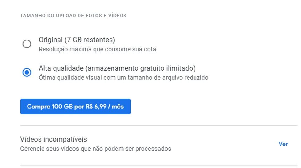 Escolha o tipo de backup na versão web do Google Fotos — Foto: Reprodução/Paulo Alves