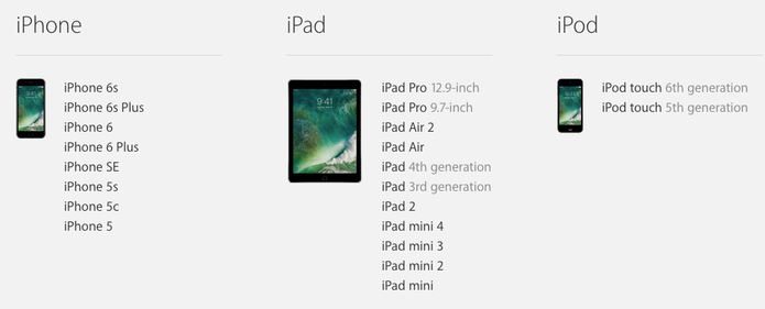 Listagem de aparelhos da Apple que vão receber o iOS 10 (Foto: Reprodução/Apple)